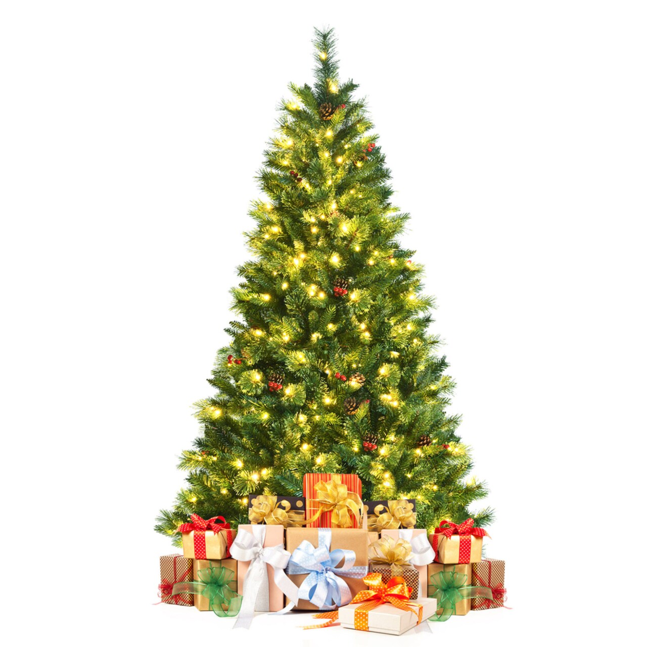 Gymax 6/7/8 FT Artificial Pre-Lit Christmas Tree Hinged Xmas Tree w/ Warm LED Lights